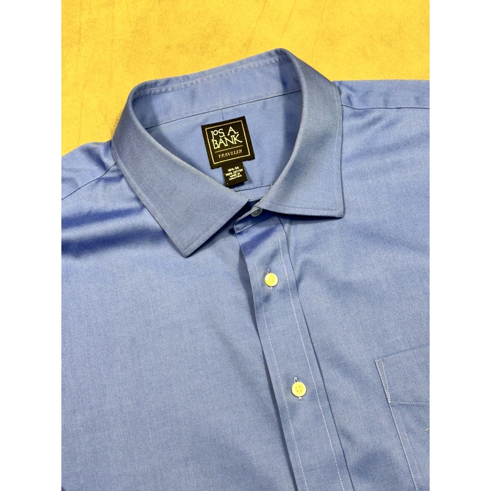 Jos A Bank Dress‎ Shirt Mens 18.5 34 Blue Traveler Cotton Button Up Excellent